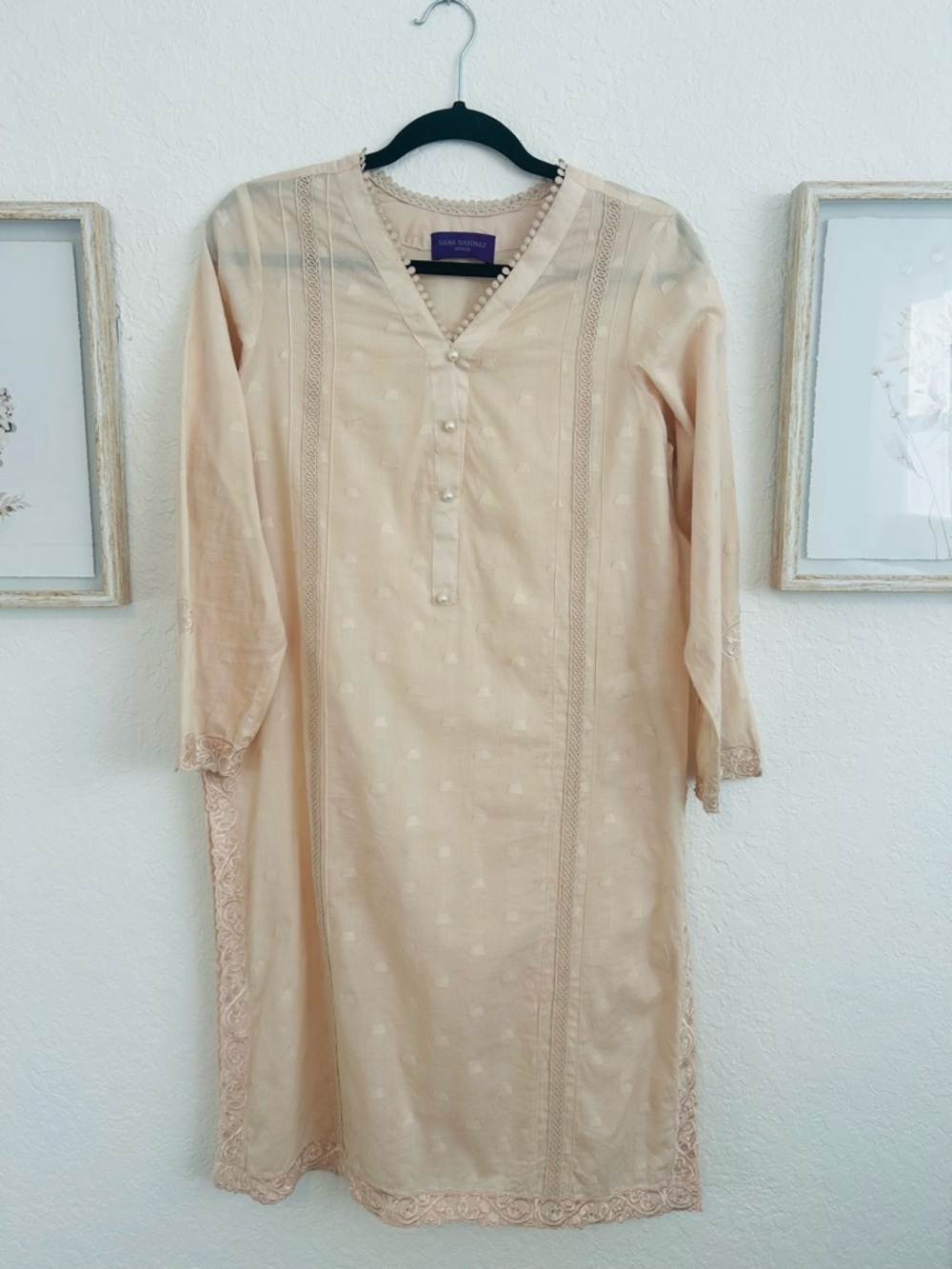 Sana Safinaz Beige Embroidered V-Neck Midi Dress/Boho